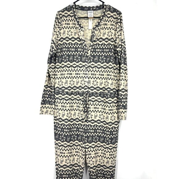NWT Victoria's Secret Peace Sign PINK Thermal Pajama Onesie Grey Cream L - Picture 4 of 8